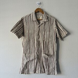 Kardo Handwoven Guayabera Striped Camp Shirt Men S Collar Button-Up Brick Brown